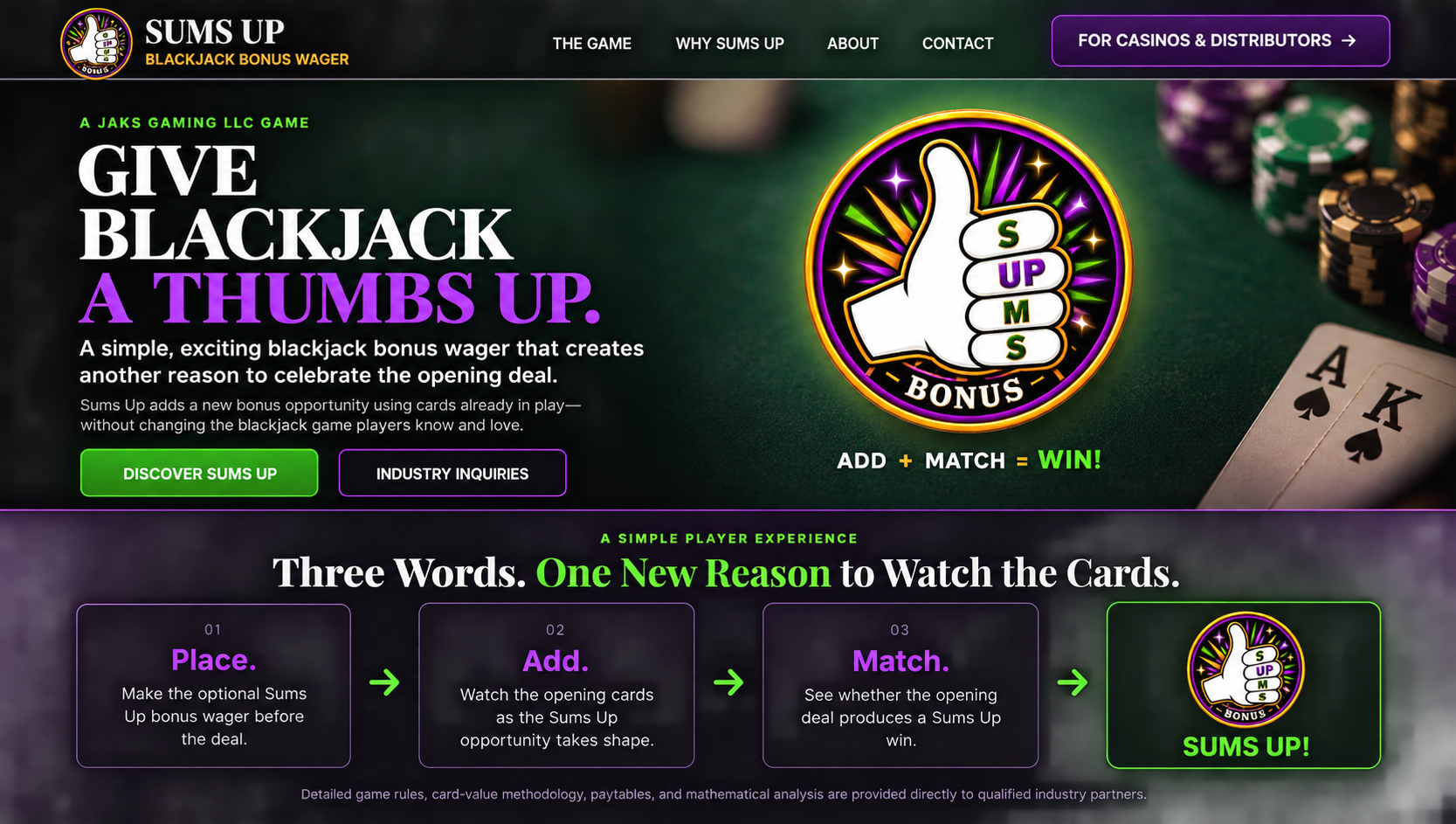 Sums Up homepage: Give Blackjack a Thumbs Up; Place, Add, Match, Sums Up